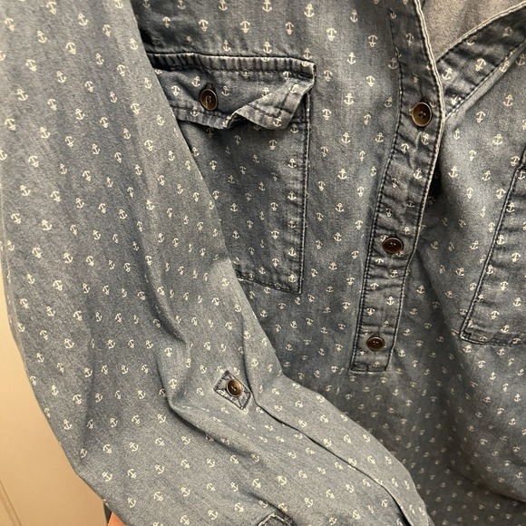 CJ Banks Popover Denim Chambray Blouse Top Womens 1X Collared Anchor Nautical - Picture 3 of 8